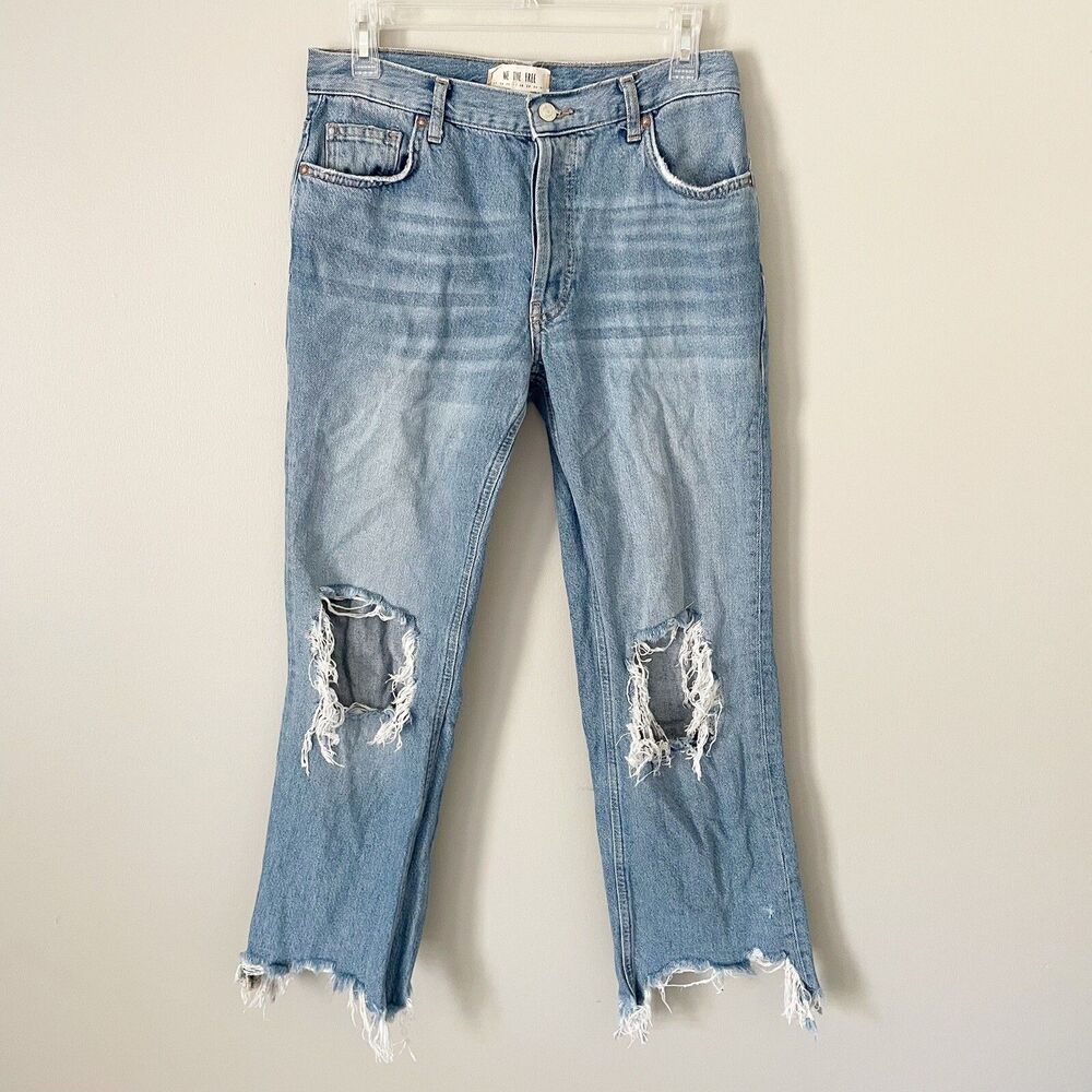 Free People Size 27 Mid Rise Ripped Knees Frayed Straight Leg Jeans